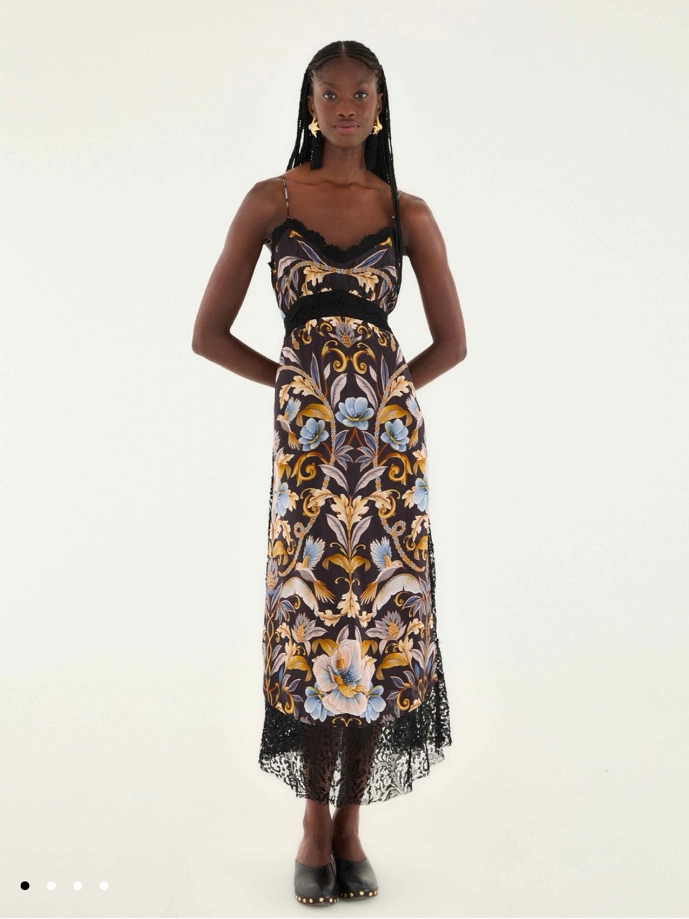 BNWT Farm Rio Black Floral Lace Trim Maxi Dress - Blue & Gold Print - Picture 10 of 14